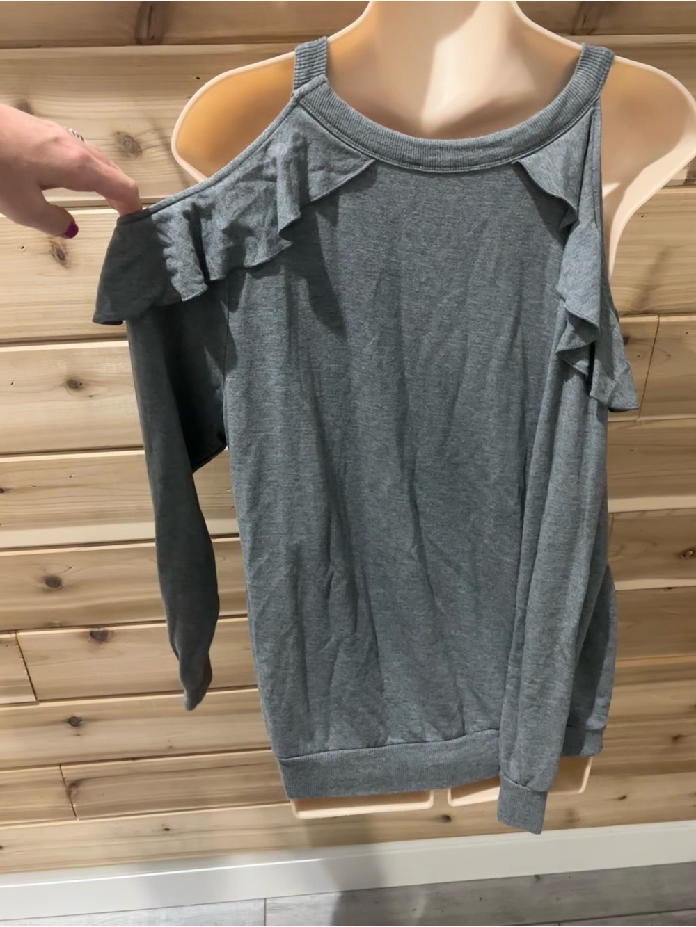 Cold-Shoulder Ruffle Knit Top in Gray - Picture 3 of 4